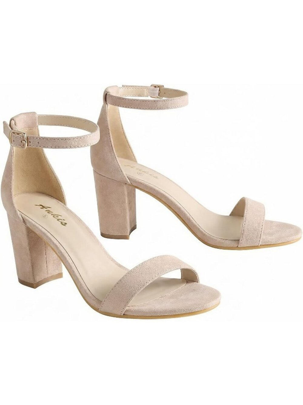 Women's Nude Suede Open Toe Buckle Ankle Strap Chunky Heels Sandals